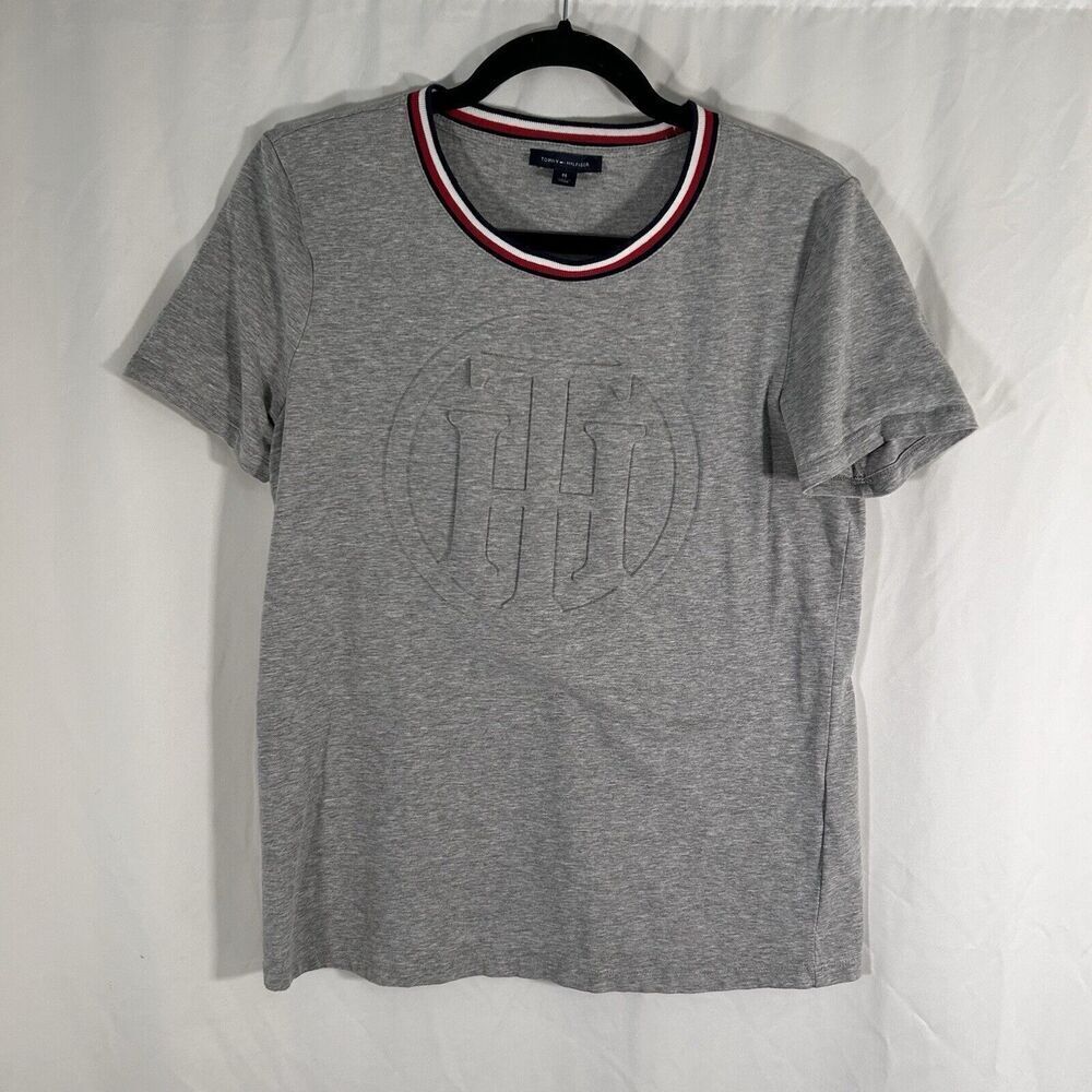 Tommy Hilfiger Shirt Women's Medium Grey Raised Letters Short Sleeve Crew Neck